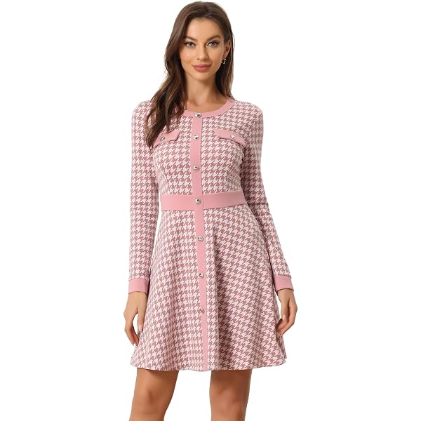 Maison Tara Women's Grid Pattern Sweater Dress - 3/4 Sleeve, Bodycon Fit, Jewel Neck
