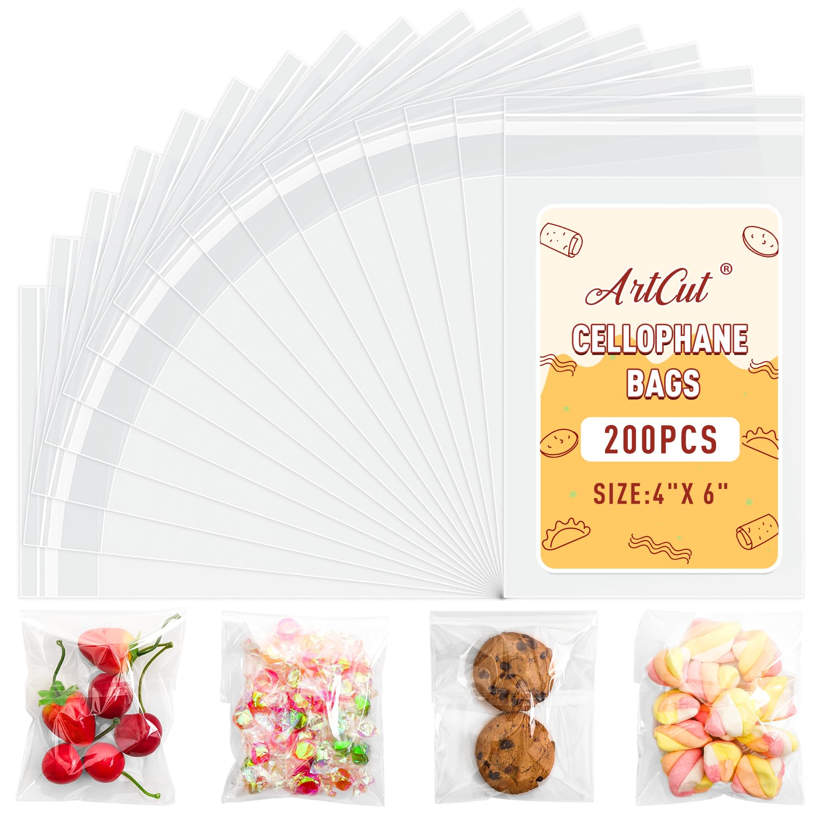 Artcut 200 PCS Cellophane Bags, 4" X 6" Cookie Bags, Self Adhesive Clear Bag, Self Seal Bag for Snacks, Gifts, Jewellery
