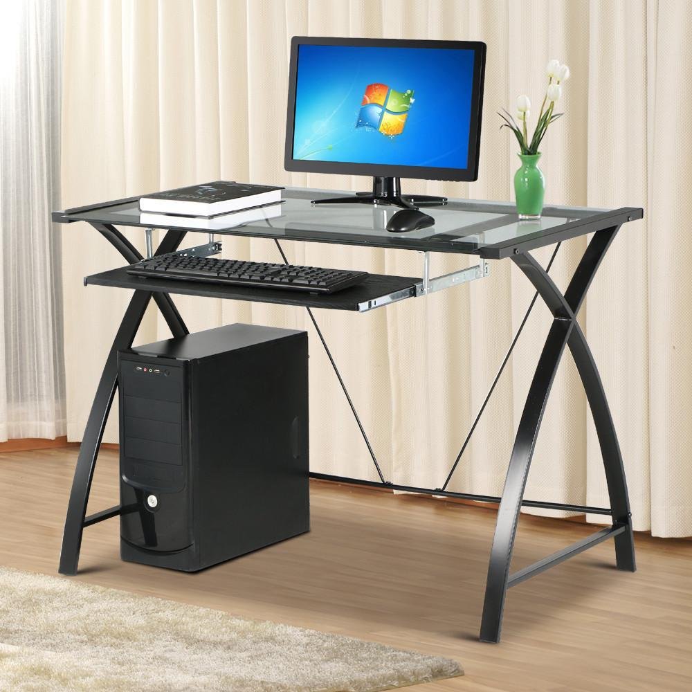 Yaheetech Black Glass Computer Desk W/Pull Out Keyboard Tray For Home