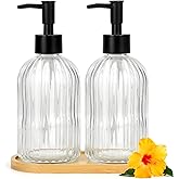 Kitchen Soap Dispenser Set with Wood Tray, Glass Soap Dispenser with Plastic Pump, Hand and Dish Set for Bathroom Decor (Clear)