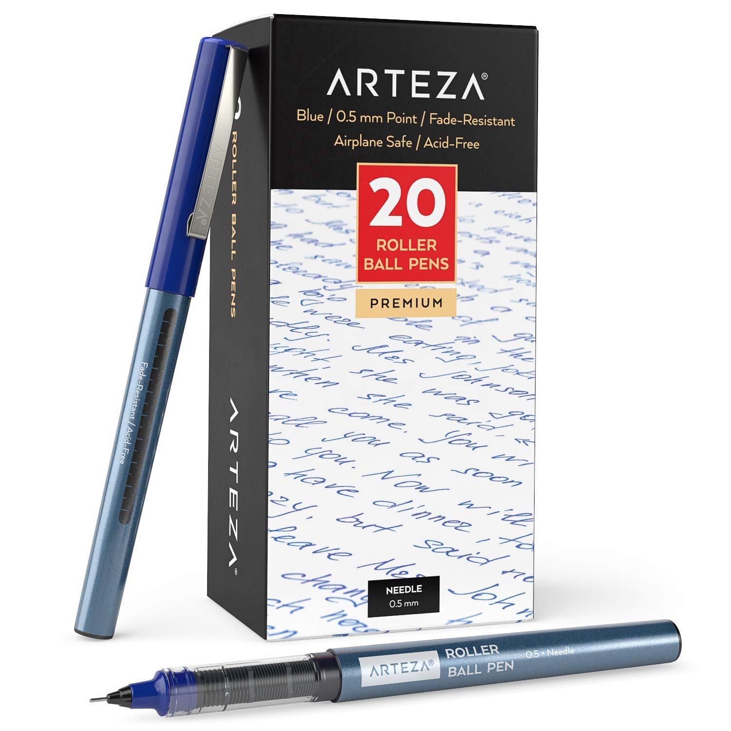 ARTEZA Rollerball Pens Fine Point, Set of 20 Blue Liquid Ink, Extra Fine 0.5 mm Needle Tip Pen, Make Precise Lines, Office Supplies for Writing, Notetaking, and Drawing
