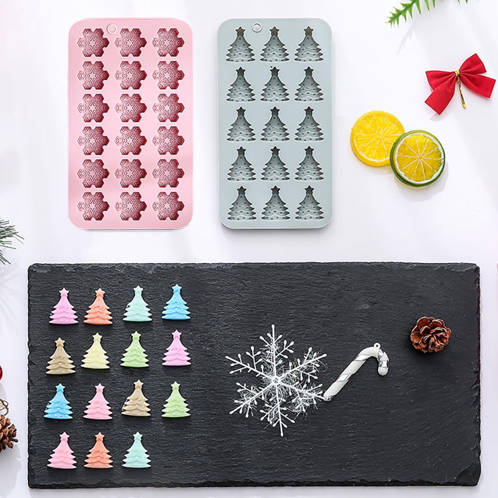2 Pcs Christmas Chocolate Molds Snowflake Candy Mold Mini Xmas Tree Silicone Mould Christmas Baking Molds for Jello, Candy Cane, Ice Cube, Gummy, Biscuit