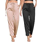 Veseacky Women's 2 Pack Satin Pajama Pants Silky Soft Lounge Pants with Drawstring Waist, Sleep Bottoms for Women(S-XXL)