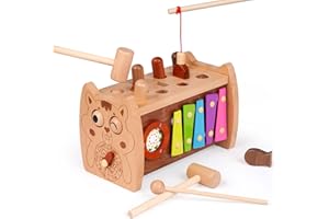 AGIRLGLE 6 in 1 Wooden Montessori Toys Hammering Pounding Toy for 3 Year Old Whack A Mole Game for Toddlers Fine motor skills Toys with Xylophone Fishing Toy Toddler Activities for Baby 3 Year Old Birthday