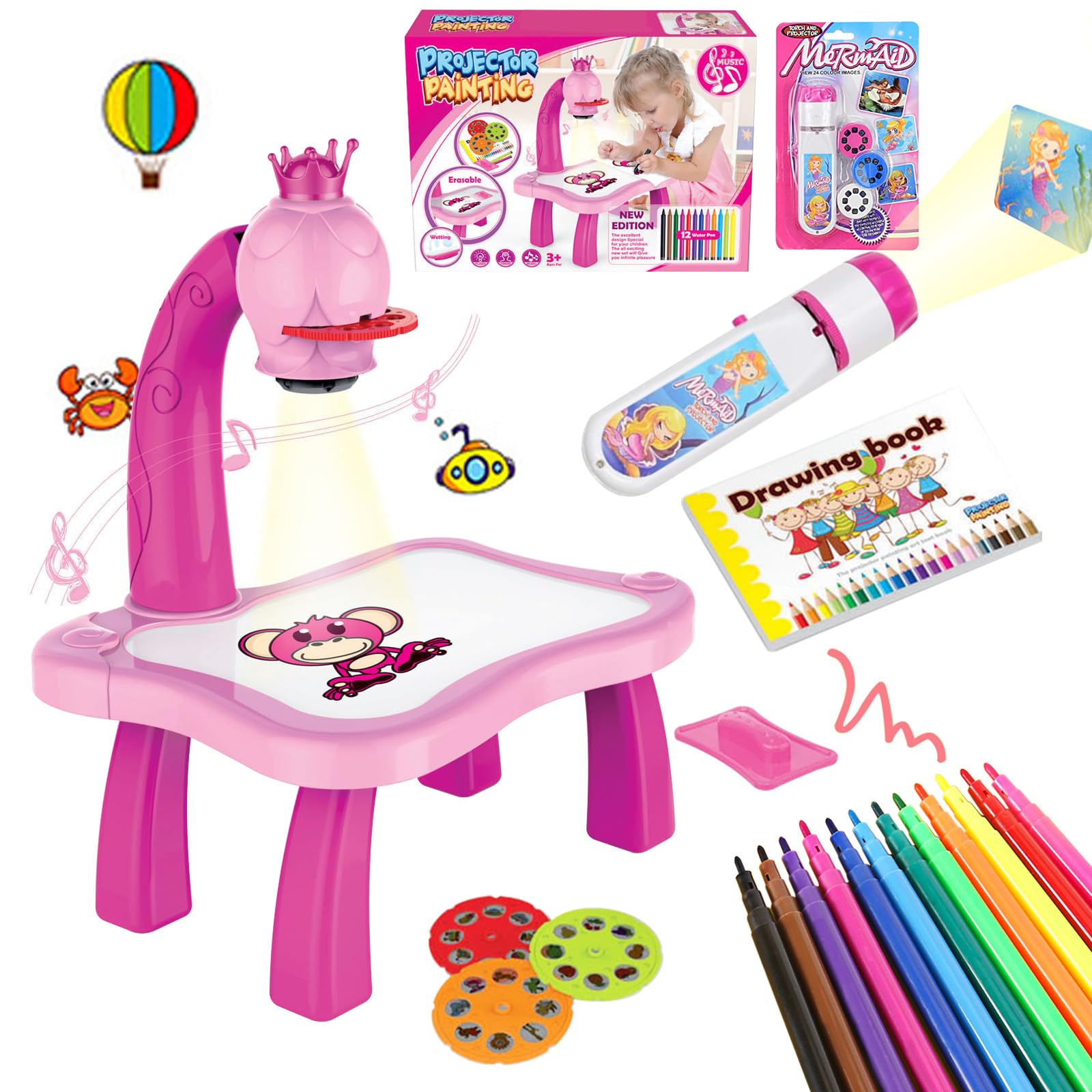 Photo 1 of 2pcs/Set Drawing Projector for Kids with Flashlight Slide Projector, Tracing Table with Light Music Sketcher Desk for Early Art Learning Games Gifts (Pink)
