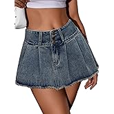 MakeMeChic Women's Pleated Jean Skirts Flared High Waisted A Line Button Mini Denim Skirt