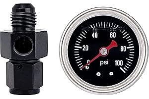 Fuel Pressure Gauge with 6AN Fuel Pressure Take Off Fitting, 0-100Psi, 1-1/2" Black Dial, 1/8" NPT Center Back Mount, Glyceri