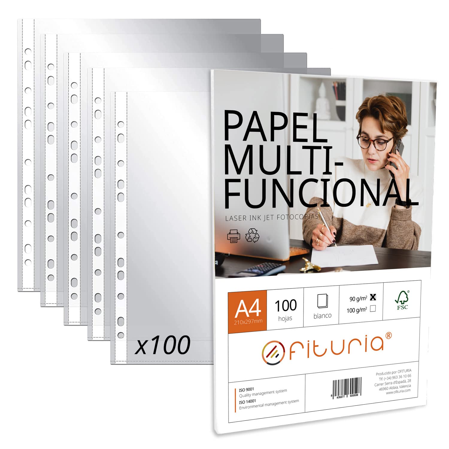 Transparent A4 Plastic Sleeves, Pack of Plastic Multi-Drill Covers for Folios + Pack of A4 Sheets of 100 90 g Multi-Purpose – Ophyture (100 Plastic Sleeves + Package 90 g/m2)