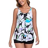 Ocean Blues Women's High Neckline Tankini Sets Tummy Control Two Piece Bathing Suits Loose Fit Swim Tank Top with Boyshorts