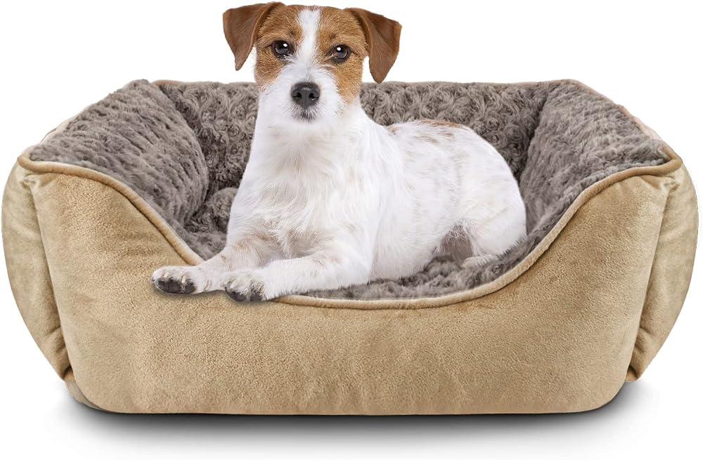 JOEJOY Dog Bed Medium Washable Calming Rectangle Plush Beige