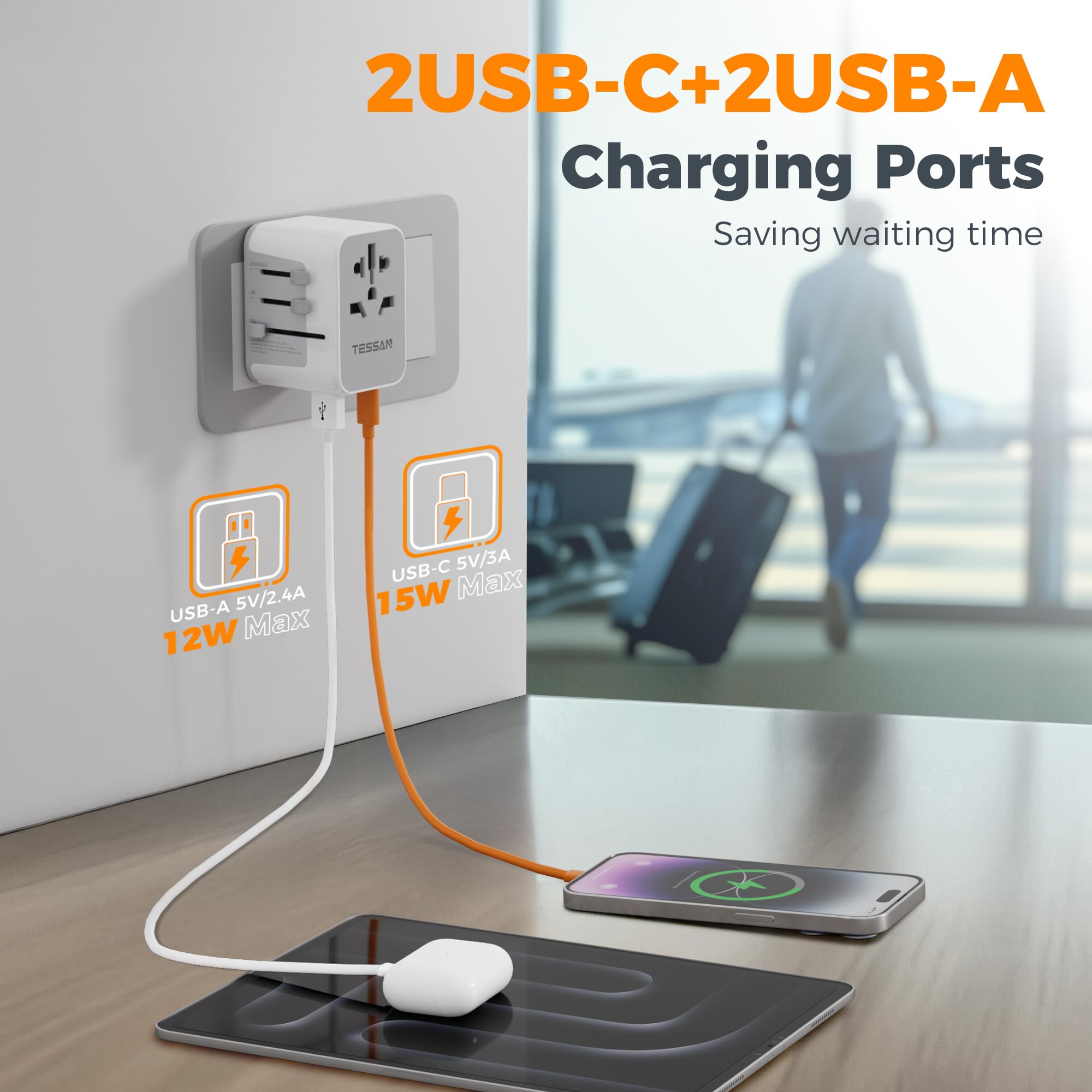 TESSAN Universal Travel Adapter Worldwide with 2 USB C and 2 USB A Ports, Universal Plug Adaptor UK to World, International Adapter for EU, USA, UK, Australia, Thailand etc. not a Voltage Converter
