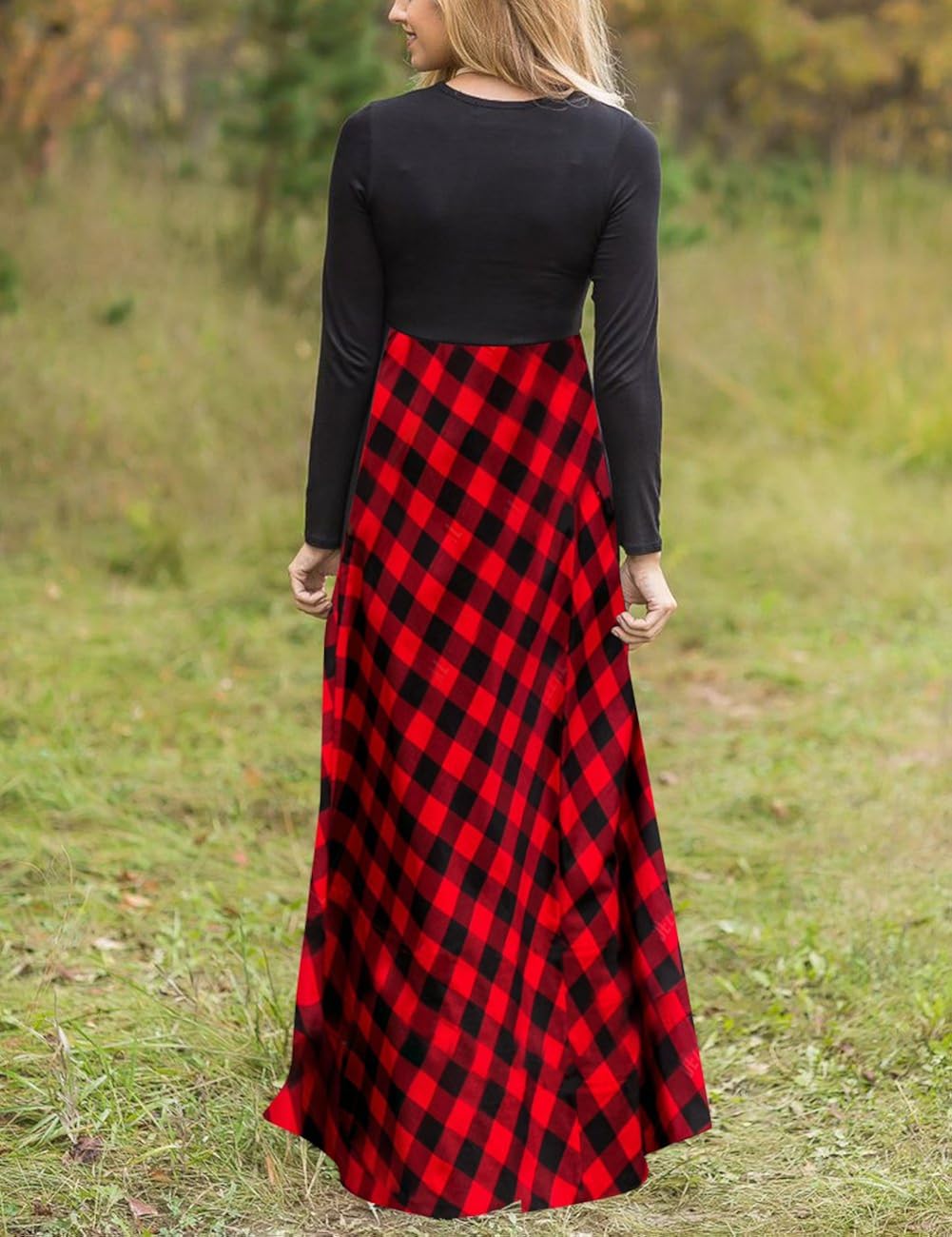 MEROKEETY Women's Plaid Long Sleeve Empire Waist Full Length Maxi Dress with Pockets at  Women’s Clothing store