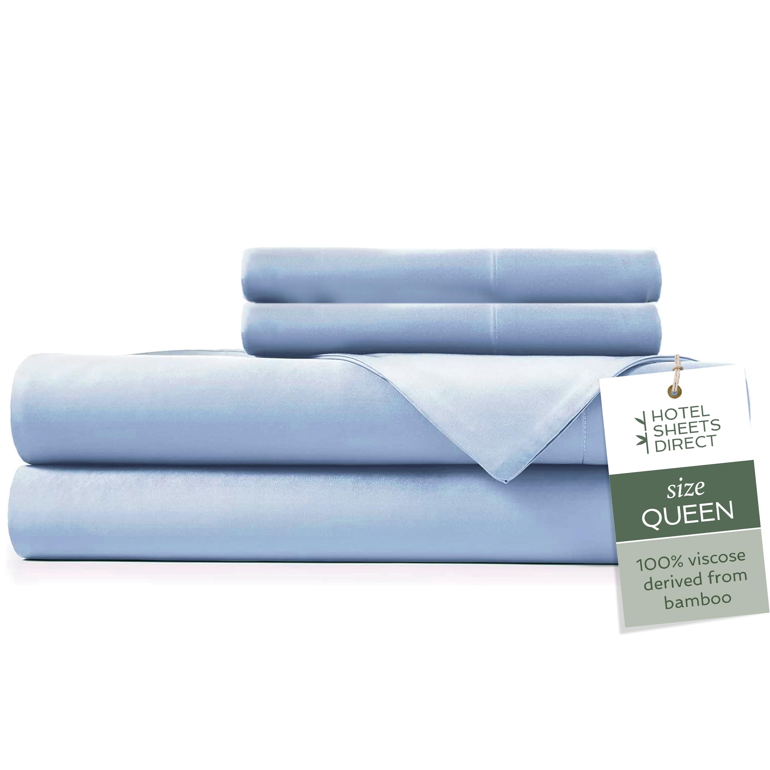 Photo 1 of Hotel Sheets Direct 4 Piece Bed Sheet Set Queen Size, 100% Viscose Derived from Bamboo Sheets Set with 2 Pillowcases, Cooling & Breathable Luxury Bedding, Moisture-Wicking & Silky Soft, Light Blue
