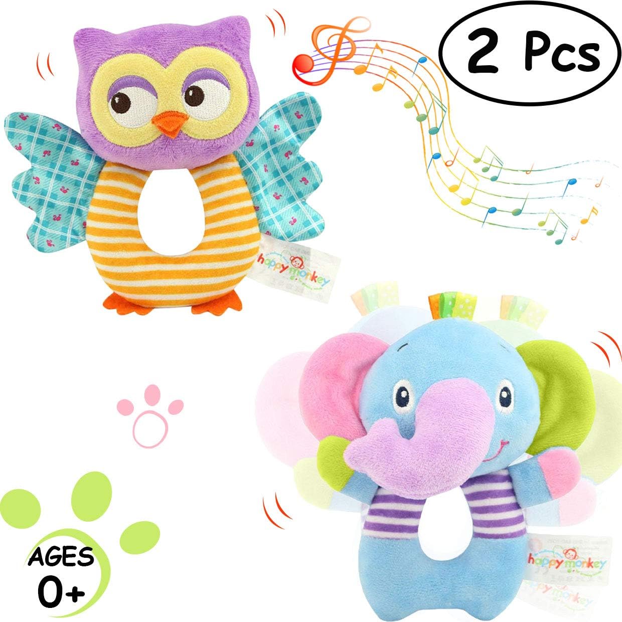 Baby Rattles Cartoon Stuffed Animal Hand Rattle Plush Developmental Toys - Owl and Elephant