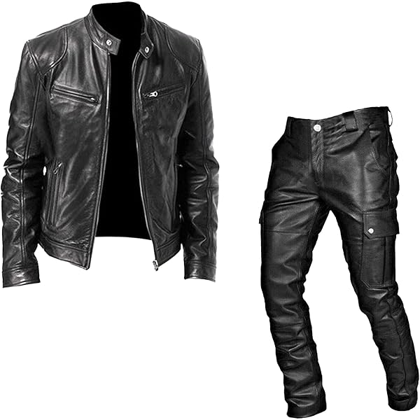 Men's Casual PU Coat Leather Pants Set Motorcycle Two-Piece