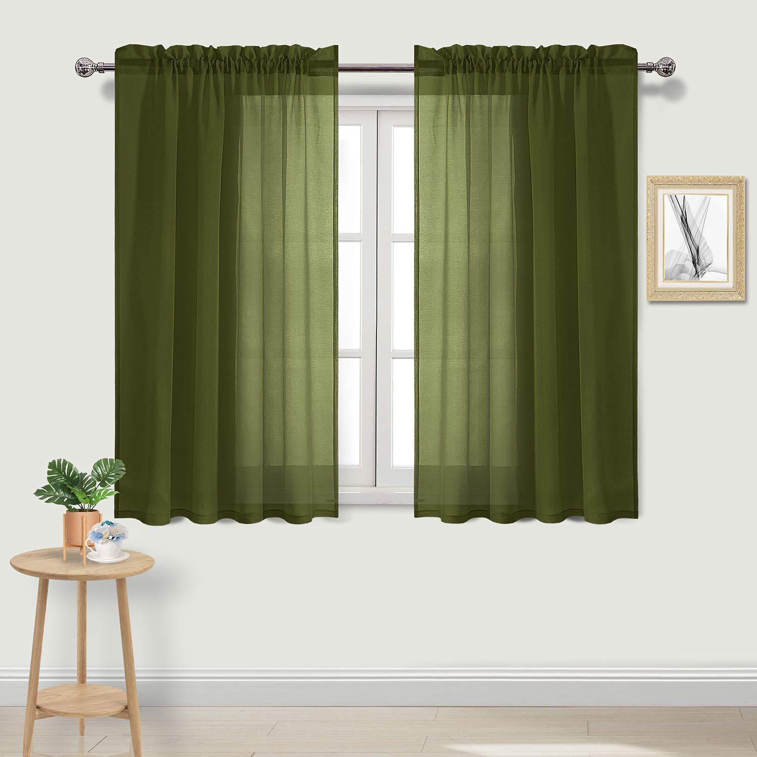 DWCN Olive Green Sheer Curtains Semi Transparent Voile Rod Pocket Curtains for Bedroom and Living Room, 52 x 54 inches Long, Set of 2 Panels