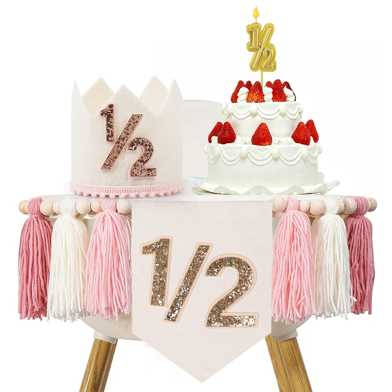 Photo 1 of 1/2 Birthday Girl, Half Birthday Decorations, 6 Month High Chair Banner, Bling Party Decorations Set With Handmade Cake Candle Crown Hat (Pink)