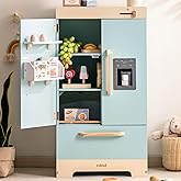 ROBUD Fridge Refrigerator with Ice Dispenser, Wooden Play Fridge Freezer Set for Kids, Toddler Kitchen Playset with Full Acce