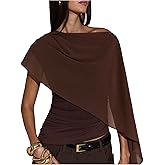BEAUDRM Women's Ruched Cape One Shoulder T Shirts Short Sleeve Asymmetrical Neck Fitted Crop Top