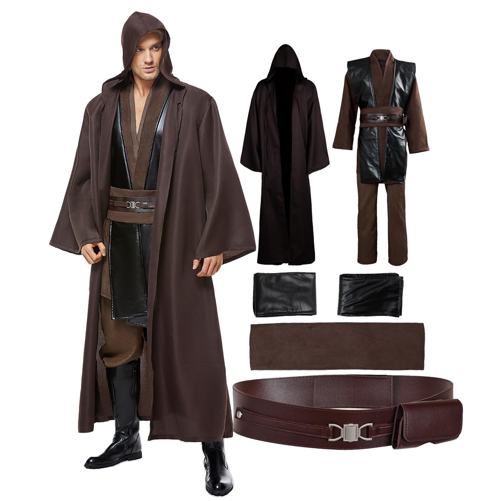 Fortunezone Adult Knight Costume with Brown Hooded Cape Anakin Cosplay Costume Halloween Set