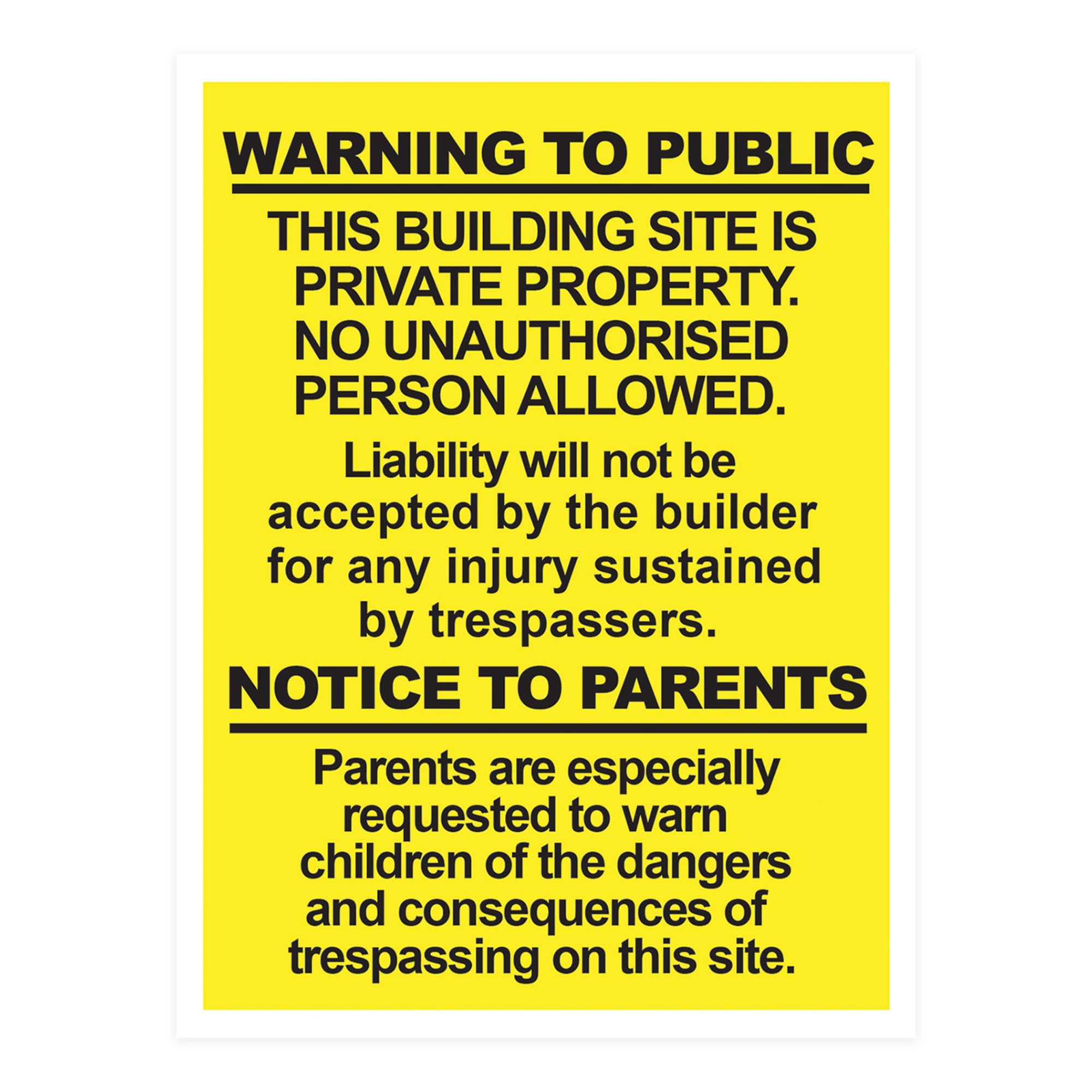 RDLCAR Building Site Warning Signs 1mm Thick PVC Pack of 1 High Visibility 300mm x 400mm Public Safety Signage Weatherproof Portrait Design