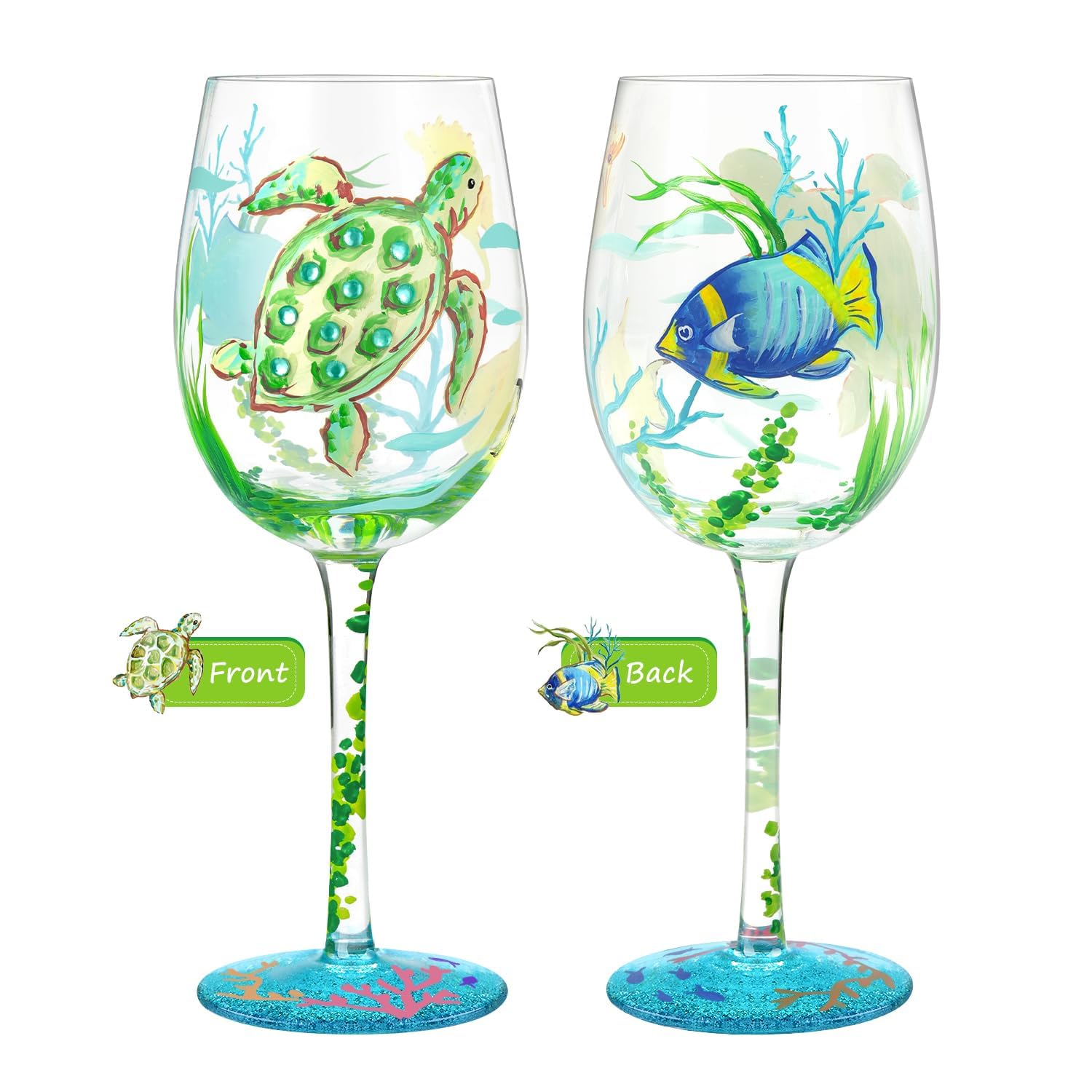 NymphFable 100% Hand-Painted Wine Glass Oceans Turtles Seagrasses Glass Artisan Painted Glass 15oz Gift for Friend Family (1 Piece) — image 1