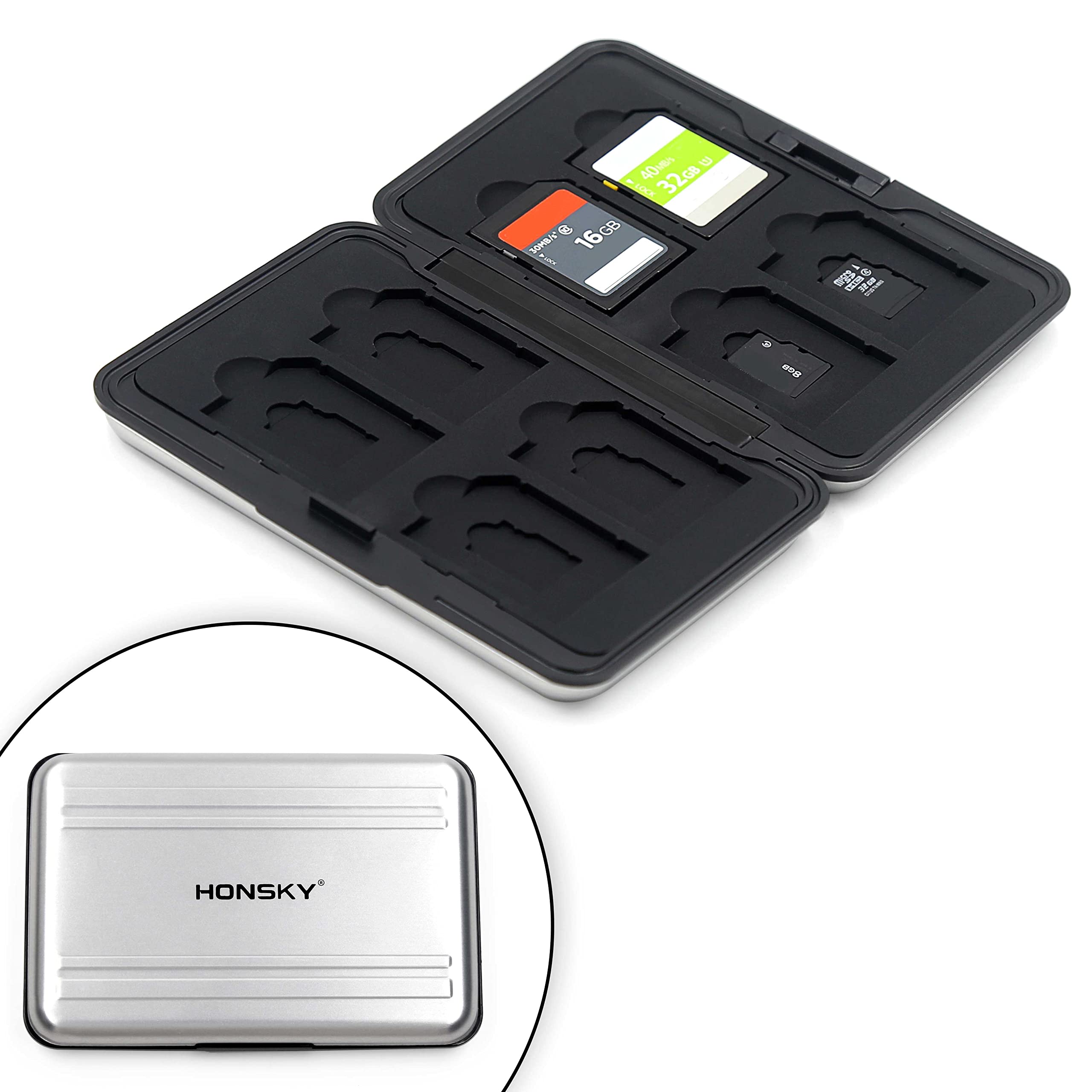 Honsky Aluminum UHS-I SD Micro SD SDHC SDXC TF SecureDigital Memory Card Carrying Case Holder Organizer Box Keeper for Computer Camera Media Storage Organization, Silver