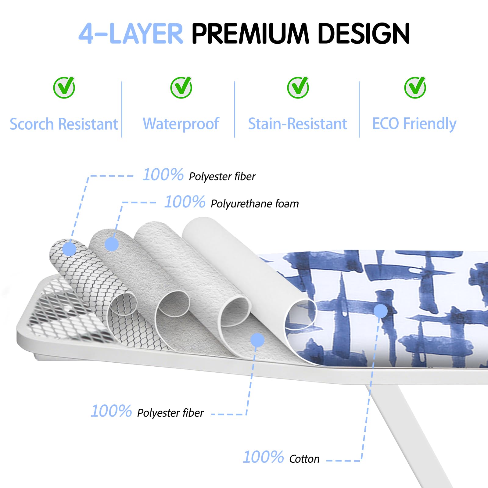 Ironing Board Cover and pad - 15 x 54 Thick Padding 4 Layers with 2