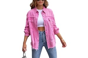 Perbai Womens Oversized Ripped Denim Jacket Frayed Hem Button Front Boyfriend Jean Coat Western Shacket with Pockets