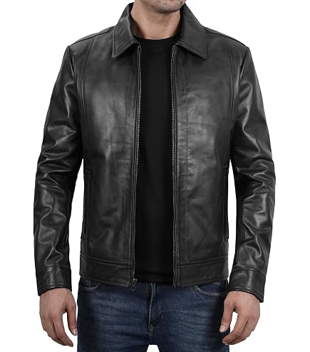 Men's Cafe Racer Leather Jacket Lambskin Leather Classic Open