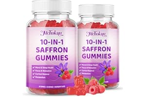 MCHOKUU Saffron Supplements Gummies for Kids & Adults Vision, Zzz, Focus & Cortisol with Ashwagandha, L-Theanine, Rhodiola Rosea, St.John's Wort, Lemon Balm, Vitamin D3, B6, Magnesium & Zinc, Raspberry, 120