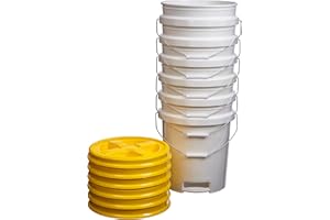 Consolidated Plastics 5 Gallon White Food Grade Buckets with Bottom Grip Handle & Gamma Seal Lids, BPA Free Container Storage, Durable HDPE Pails, Made in USA (6 Pack, Yellow Lids)