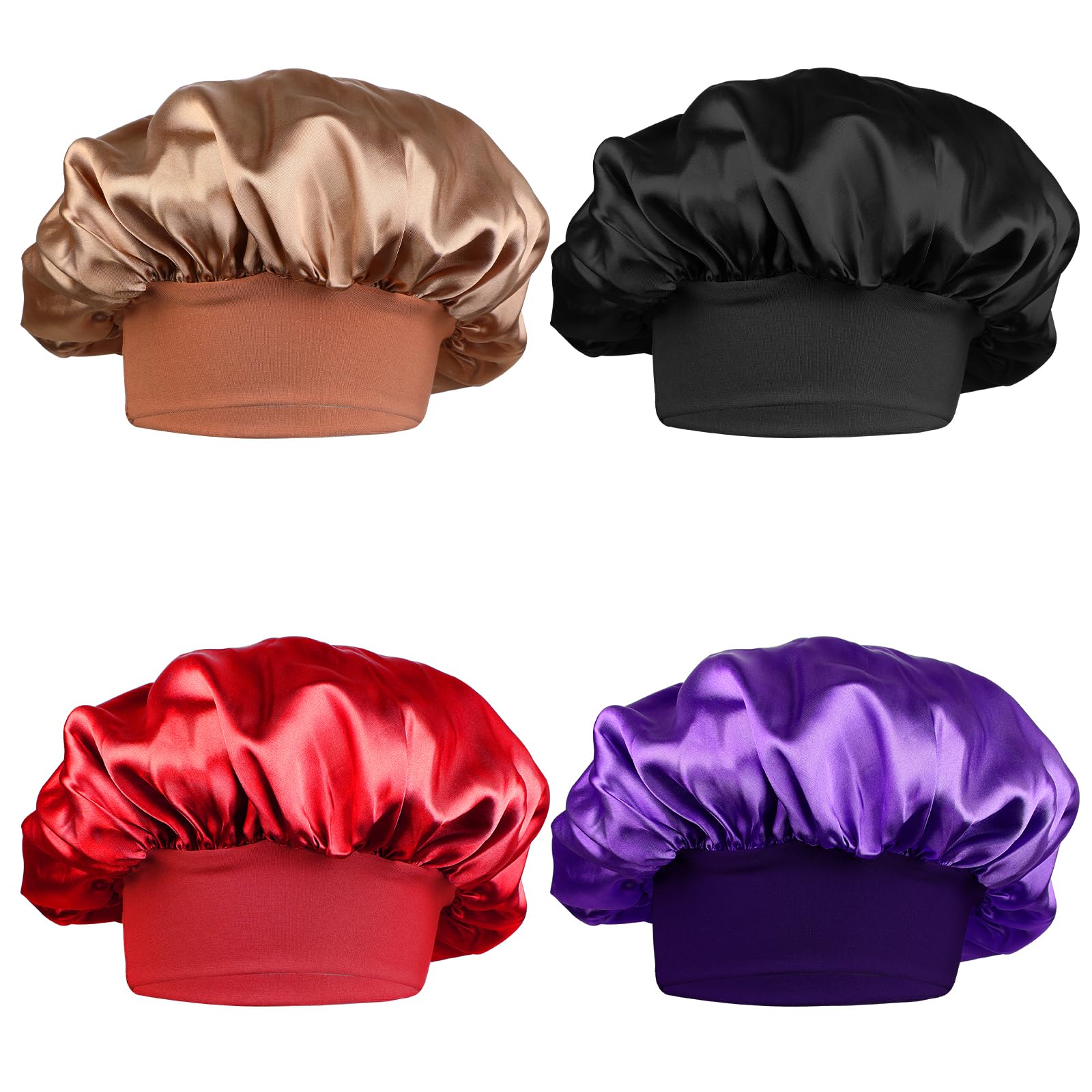 COMNICO 4pcs Satin Bonnets for Sleeping Double Layer Silk Like Hair Bonnet Large Sleep Cap Wide Soft Band Shower Cap for Women Men Curly Braid Hair