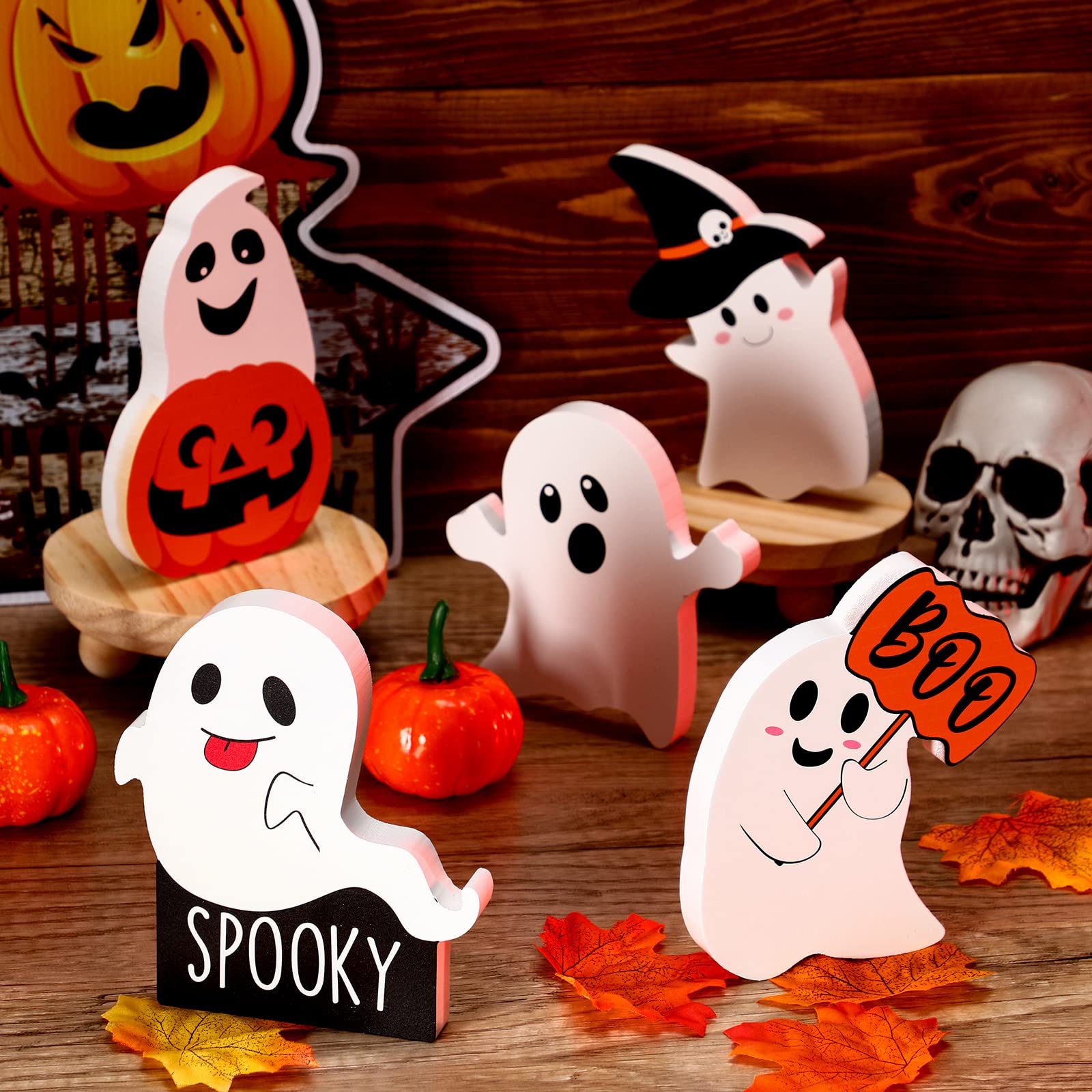 Photo 1 of 5 Pcs Halloween Ghost Table Decorations Cute Ghost Décor Indoor Wooden Witch Boo Centerpieces Spooky Tiered Tray Pumpkin Signs Fall Rustic Décor for Party Shelf Display(Cute Style)