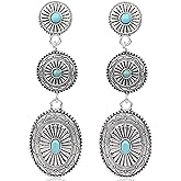 Western Earrings for Women, Oval Synthetic Turquoise Dangle Earrings Vintage Country Concert Concho Dangling Earring Nashville Cowboy Rodeo Outfit Dress Jewelry Gifts Accessories for Cowgirls