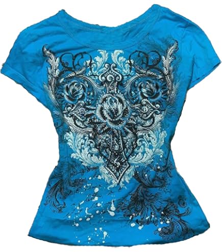 Women Y2K Rhinestone Cross T-Shirt Short Sleeve Round Neck Retro