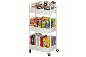 Sywhitta 3-Tier Plastic Rolling Utility Cart with Handle, Multi-Functional Storage Trolley for Office, Living Room, Kitchen, Movable Storage Organizer with Wheels, White
