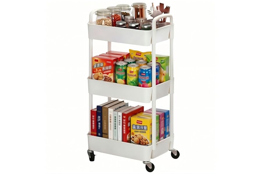 Sywhitta 3-Tier Plastic Rolling Utility Cart with Handle, Multi-Functional Storage Trolley for Office, Living Room, Kitchen, Movable Storage Organizer with Wheels, White