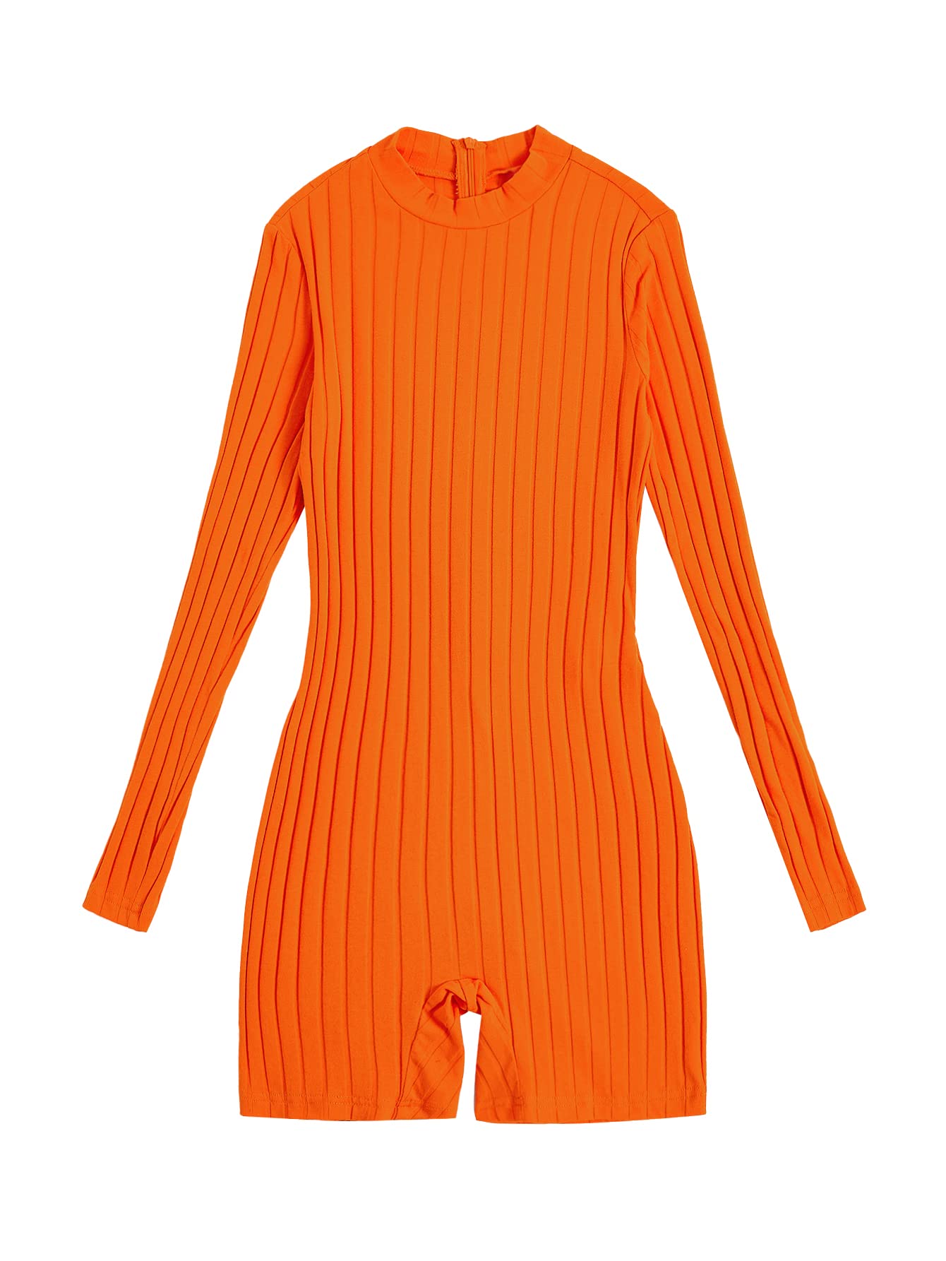 Photo 1 of *small/medium* Floerns Women's Mock Neck Long Sleeve Ribbed Knit One Piece Shorts Bodycon Romper Orange M