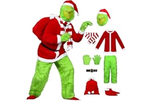 Alaiyaky Christmas Green Big Monster Costume for Men, 10PCS Deluxe Furry Santa Claus Costume Suit with Mask