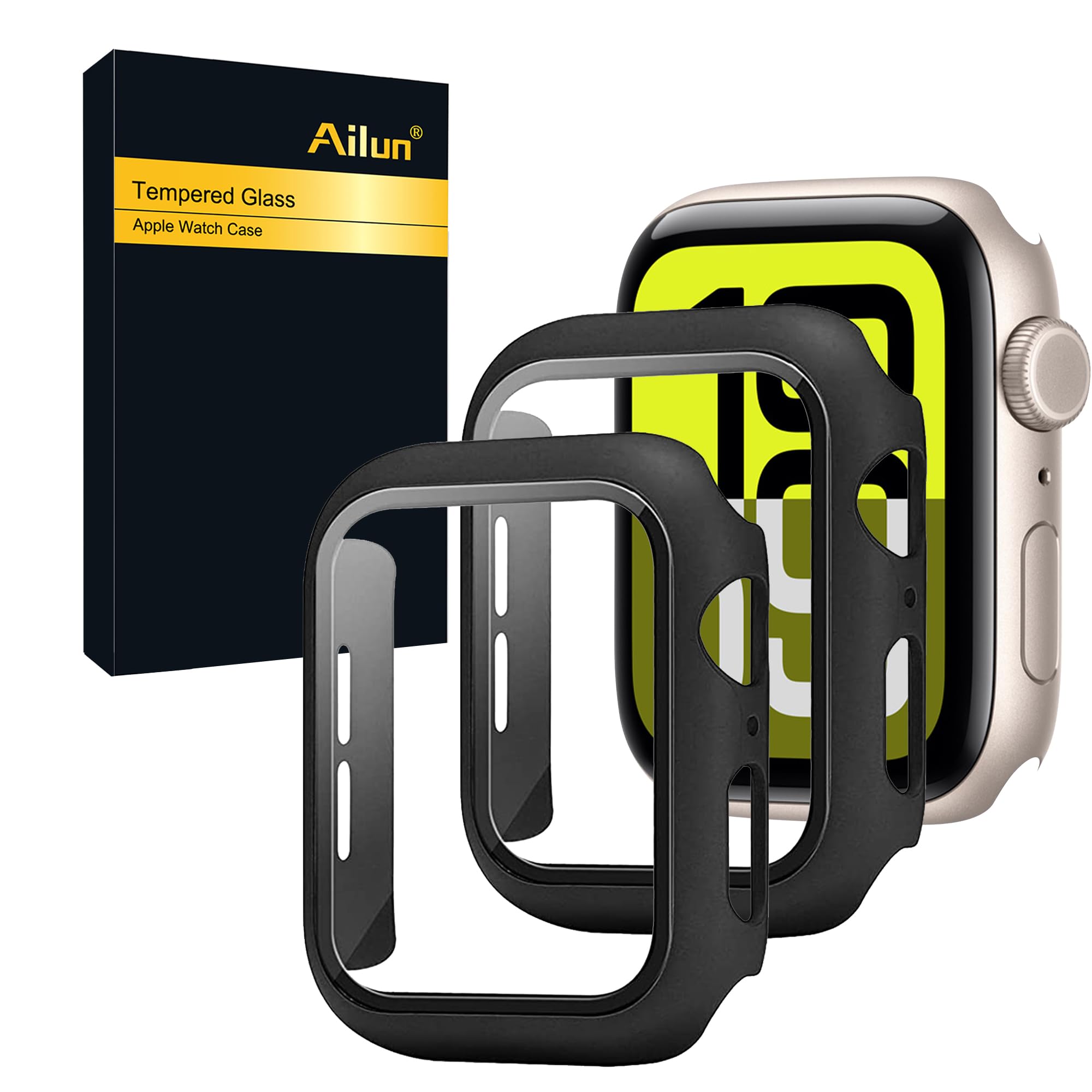 Ailun for Apple Watch SE 3/SE 2023/Series 6/5/4/SE Screen Protector [40mm], Ultra-Thin Hard PC Case Built in Tempered Glass for iWatch, Shockproof Cover with Button [2 Pack][Black]