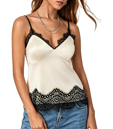 MakeMeChic Women's Satin Lace Camisole Tank Top V Neck Sleeveless
