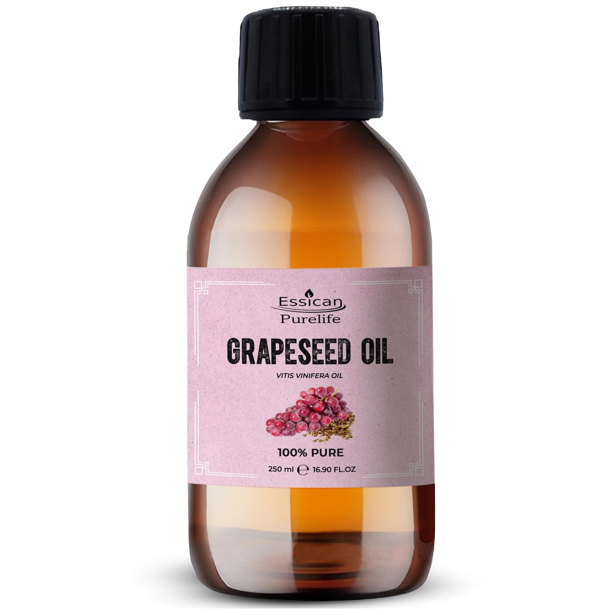 Essican Purelife 250ml Pure Grape Seed Oil for Hair, Skin & Beard, Natural Grapeseed Oil Massage Aromatherapy Body Massage Oils - Multi Use & Nourishing Scalp Moisturiser Oils with Vitamin E
