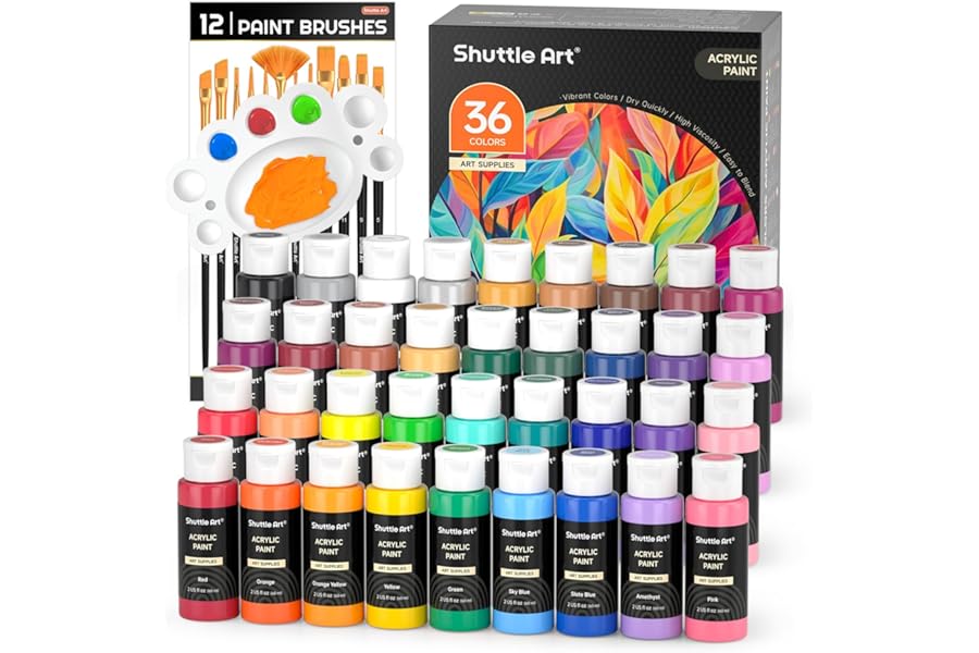Shuttle Art Acrylic Paint, 36 Colors Acrylic Paint Set with Brushes & Palette, 2oz/60ml Bottles, Rich Pigments Non-toxic for Artists Kids & Adults, Painting on Canvas Rocks Ceramic Wood