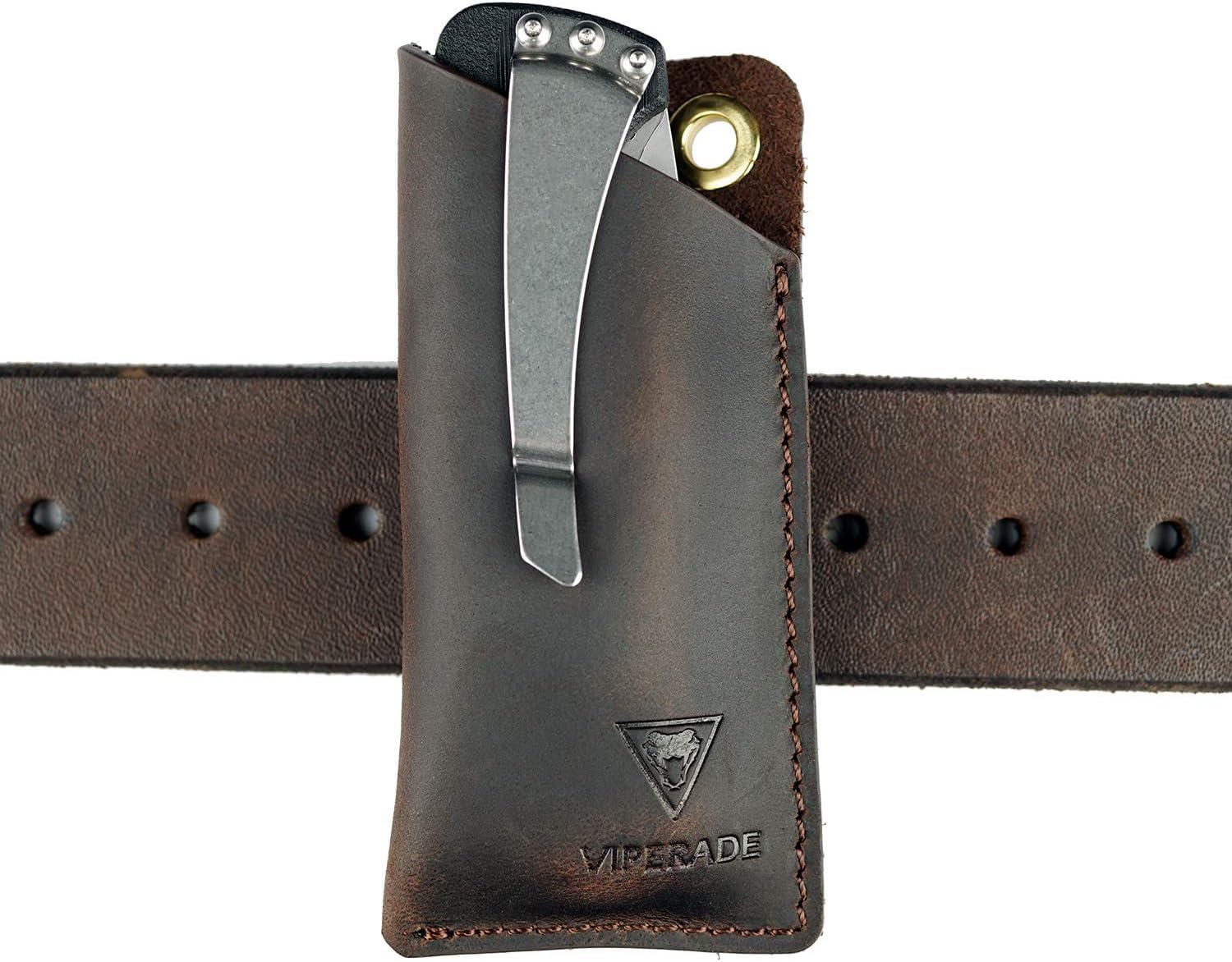 VIPERAED PJ11 EDC Small Leather Sheath for Belt, Leather Holster for Small Flashlight, Utility Knife Sheath, EDC Pocket Slip for Multitools(Brown)