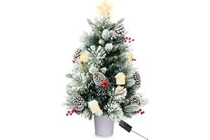 MSPRLS 3FT Christmas Tree with 12cm Top Star, Artificial Flocked Fiber Optic Christmas Tree with 60 Mixed Branch Tips & 9*White House & 12*Red Berry and Big Pinecone String for Indoor Outdoor