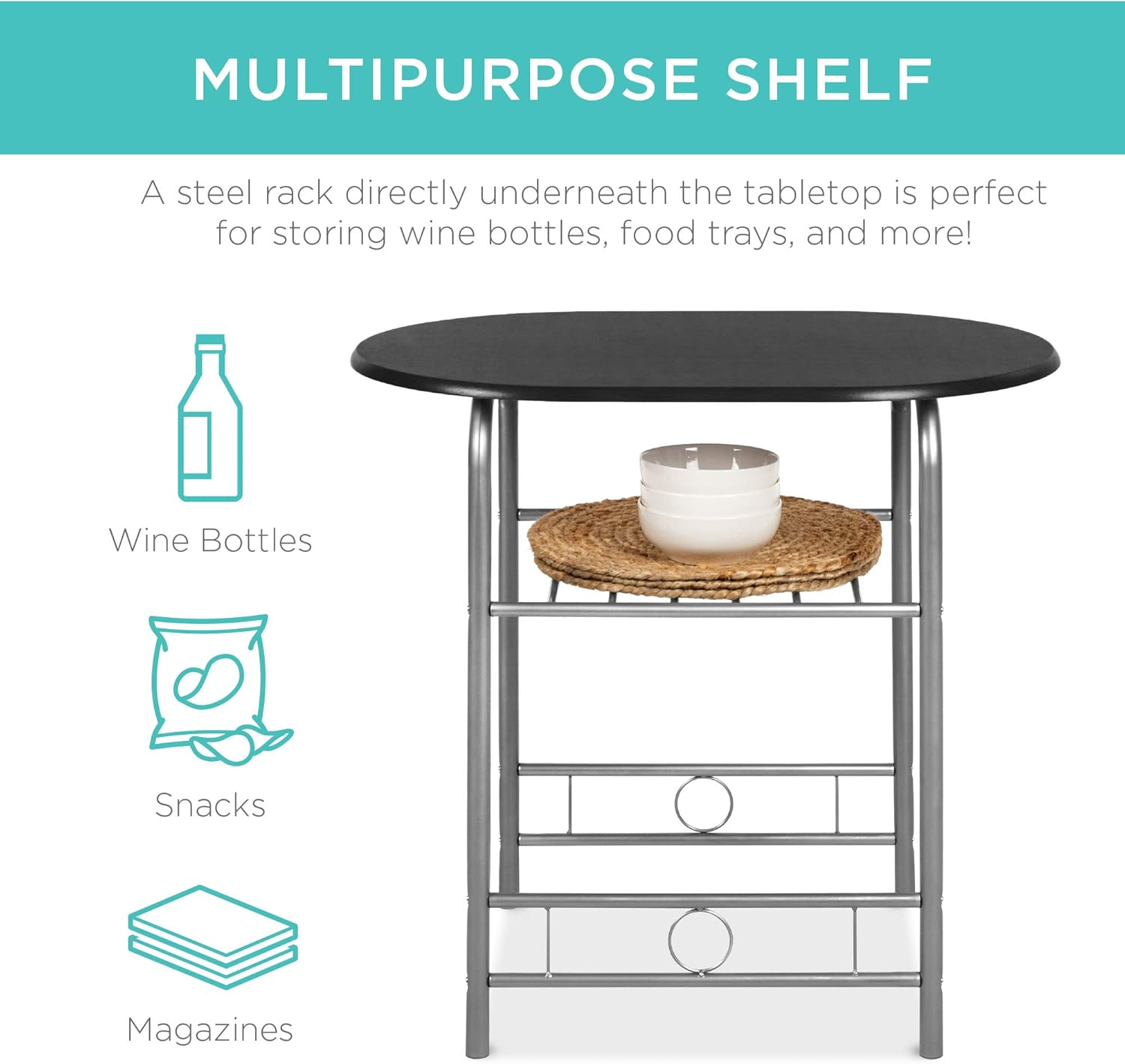 Best Choice Products 3-Piece Wooden Round Table & Chair Set for Kitchen, Dining Room, Compact Space w/Steel Frame, Built-in Wine Rack - Black/Silver: Furniture & Decor