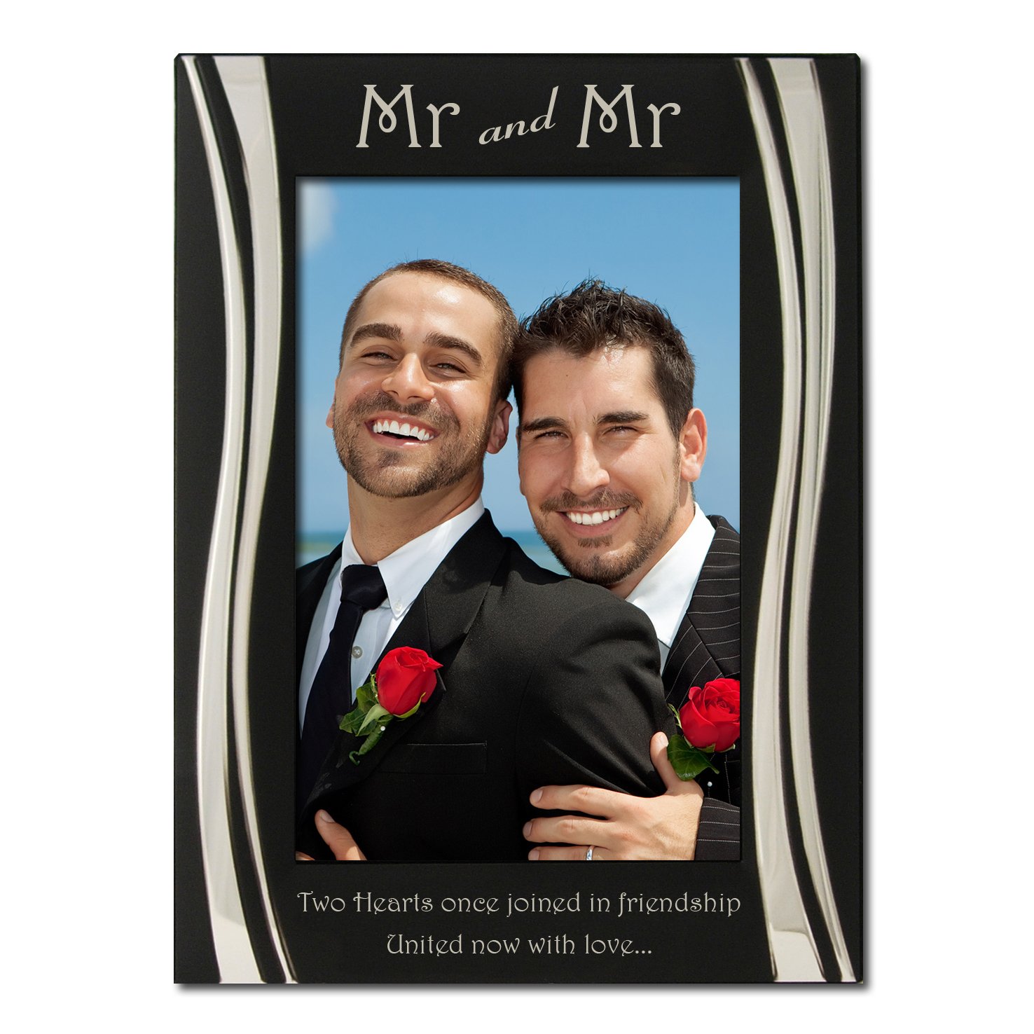 "Mr and Mr" Photo Frame, Silver Plated, Velvet Backed, Black and Silver, Engraved with"Two Hearts once joined in friendship, united now with love." Same Sex Marriage, Civil Partnership,