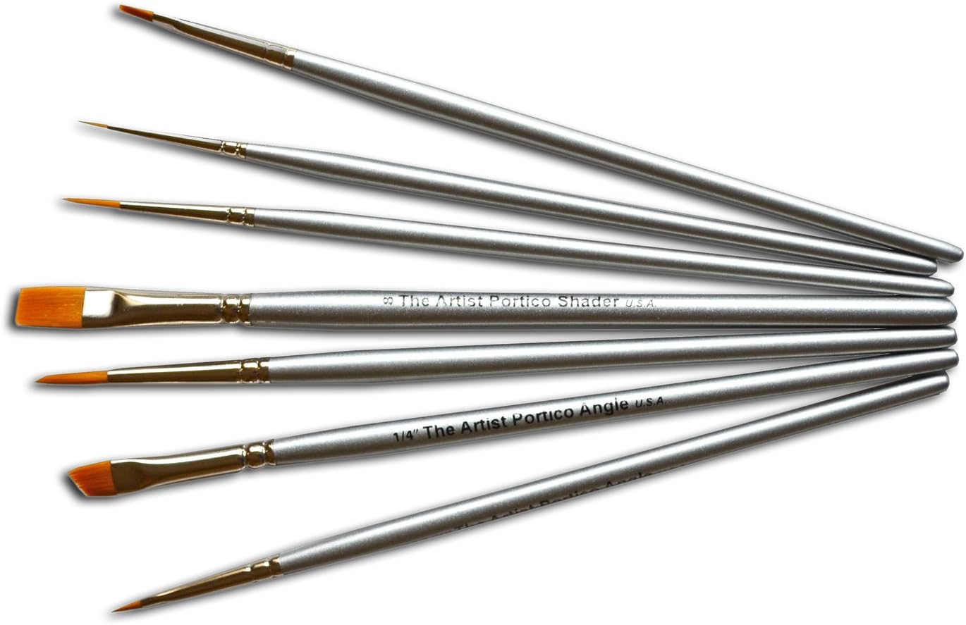 Artist Brushes 7 Quality Art Paint Brushes, Rounds, Angles & Shaders Set w/ Silver Ferrules, Short Silver Wooden Handles and Golden Taklon Brush Fibers-Good for Acrylic, Watercolor and Oil Paint