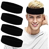 Keeshibao Sweat Bands Headbands for Men & Women – 4-Pack Sweatbands, Stretchy Athletic Sports Headbands, Moisture-Wicking Terry Cloth Cotton Headbands for Workouts
